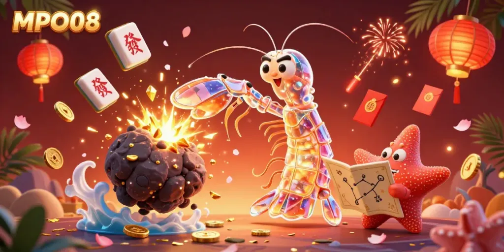 Engage with MPO08, where a galactic samurai mantis shrimp battles amidst golden treasures, representing modern online gambling.