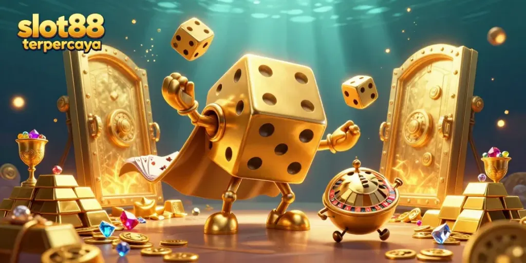 Engage with slot88 terpercaya by seeing a playful golden dice golem and vibrant casino treasures.