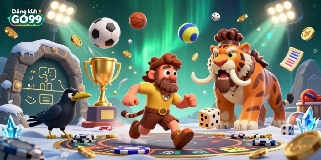 Experience thrilling betting with Đăng ký GO99 in a vibrant prehistoric casino scene filled with sports elements.