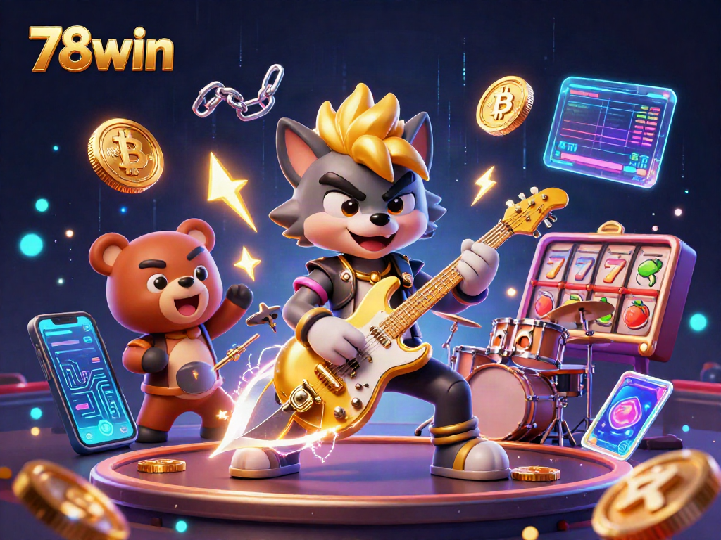 Experience the excitement of 78win casino with vibrant characters and crypto elements in a dynamic 3D scene.