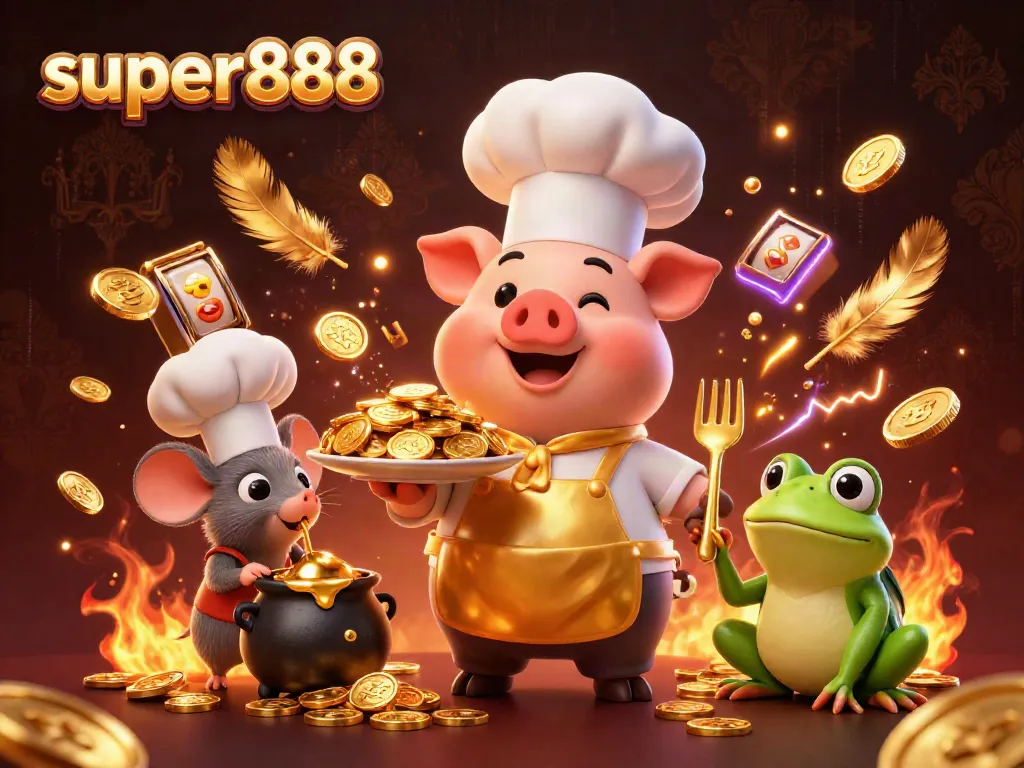 Super888 menawarkan pengalaman bermain yang menarik dengan slot dan simbol jackpot mengelilingi karakter unik.