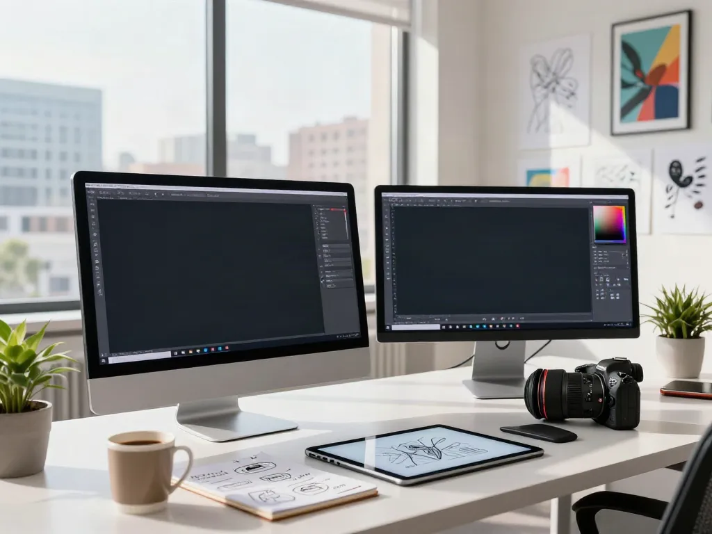 Workspace kreatif Piktoto dengan desain modern dan cahaya alami.