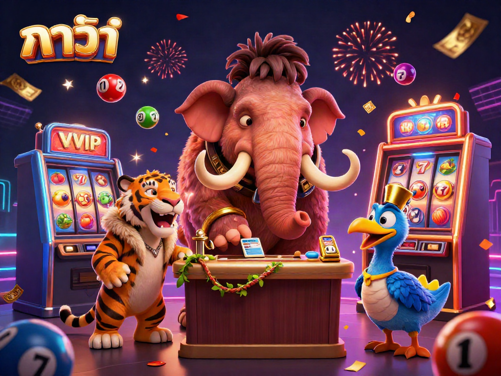 Engage in บาคาร่า with vibrant characters and exciting casino elements in a colorful celebration scene.