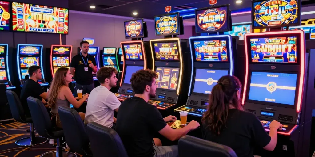 Pengalaman gaming betslots88 yang seru di kasino modern dengan beragam pemain dan mesin slot berwarna-warni.