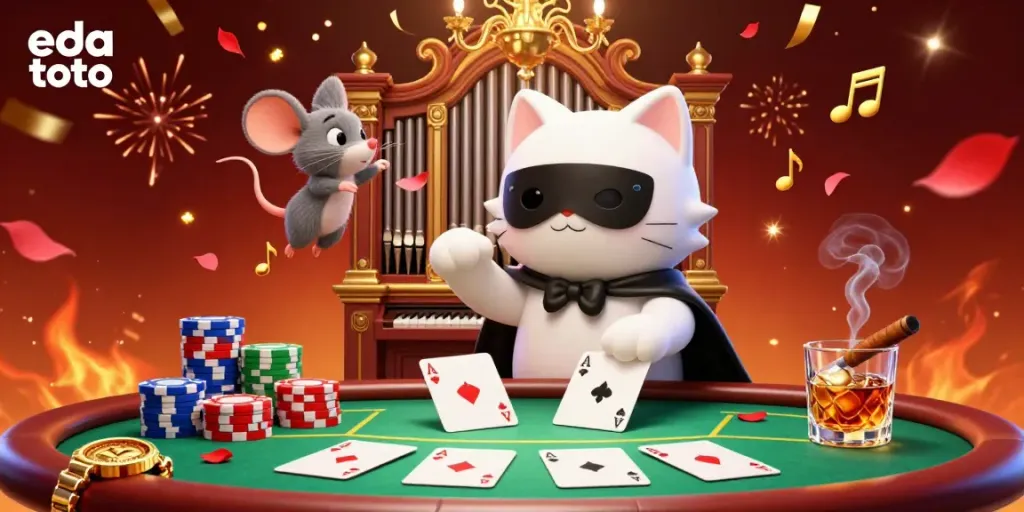 Engage with eda toto in this vibrant casino scene featuring a whimsical cat and exciting game elements.