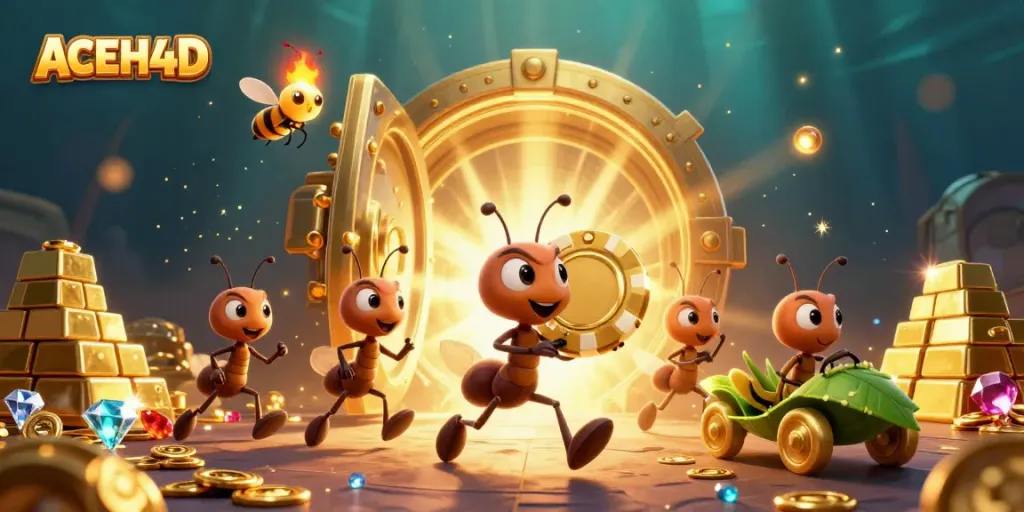 ACEH4D heist scene with ants, golden poker chip, and sparkling treasure vault illustration