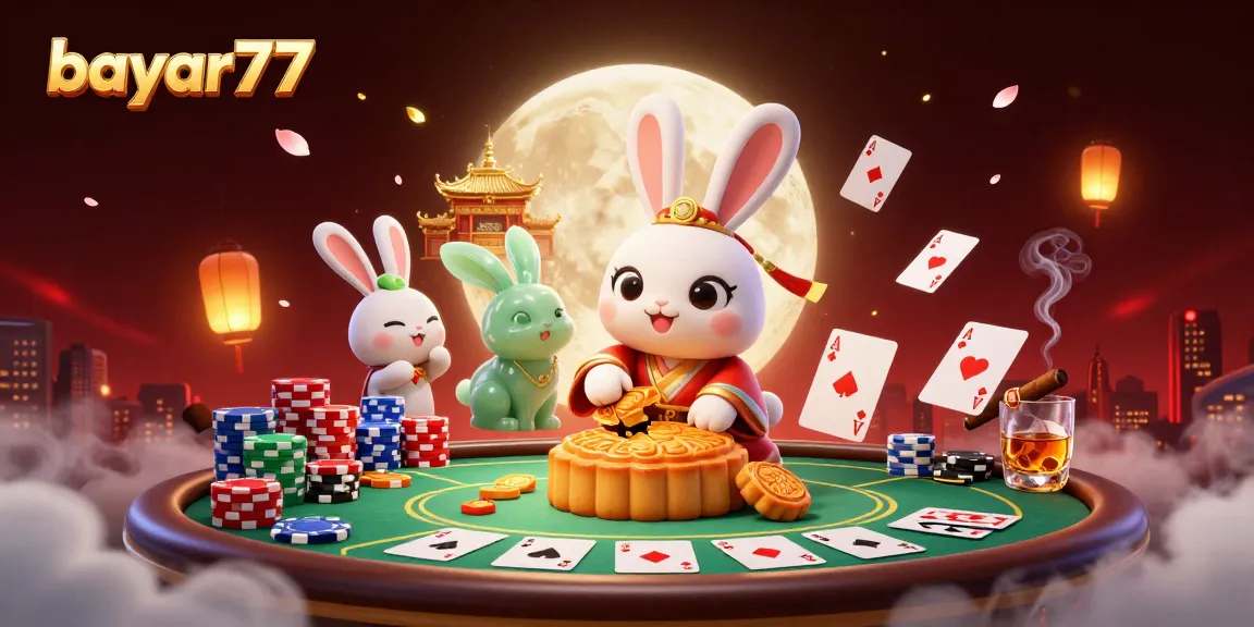 Bayar77 menampilkan kelinci bulan mengenakan gaya folkor Tiongkok menggelindingkan chip poker di permukaan bulan.