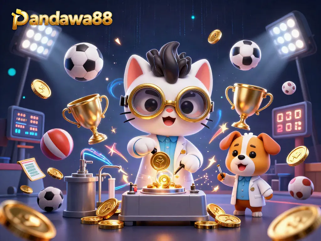Menghadirkan pandawa88 dalam ilustrasi digital, menggambarkan kucing ilmuwan dan anjing asisten di kasino dengan bola olahraga dan elemen kasino.