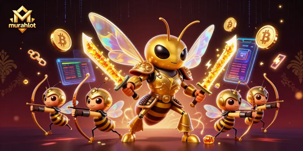 Spin the reels with murahslot, featuring vibrant 3D characters and crypto elements in a captivating casino scene.