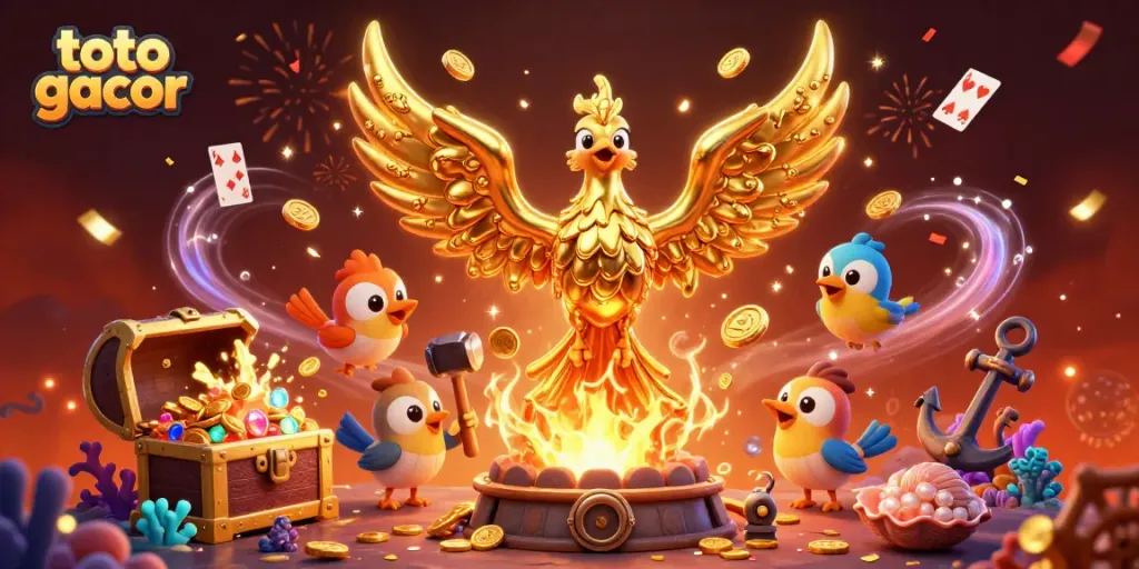 Menggairahkan permainan toto gacor dengan ilustrasi phoenix emas dan pemandangan casino yang megah.