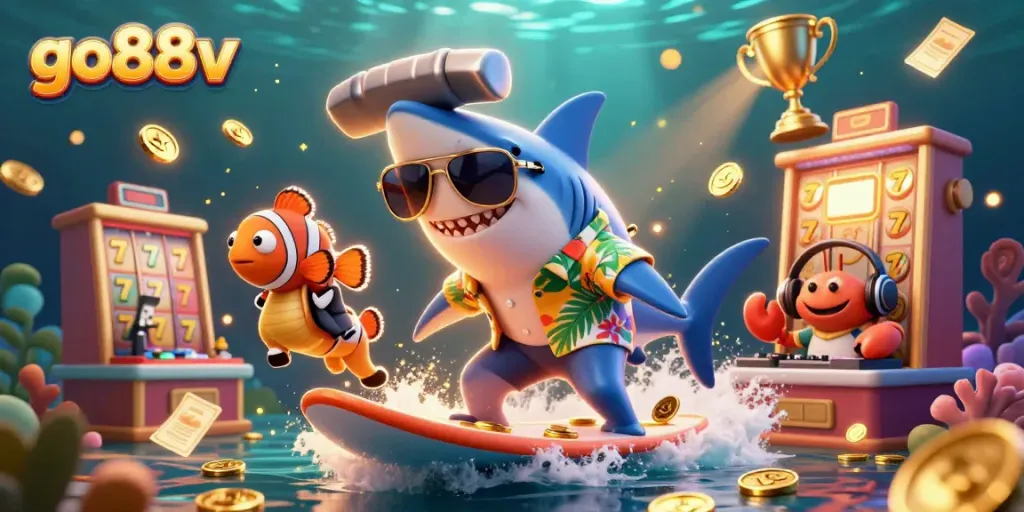 Engage with the vibrant, playful go88v-themed casino world featuring a shark and colorful characters amidst slots action.