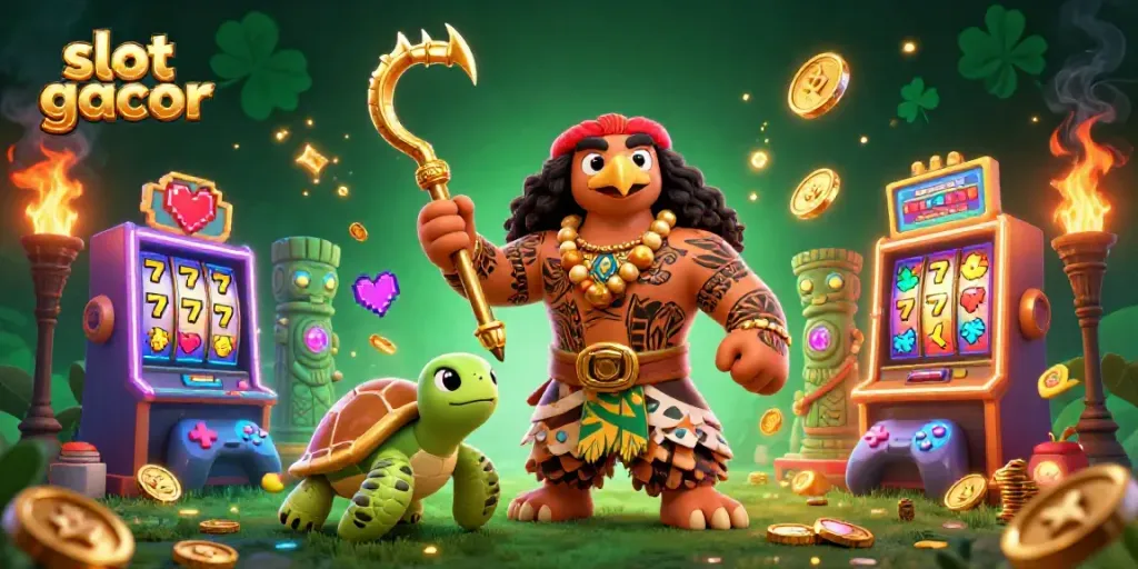 Slot gacor dengan demigod hawk dan mesin slot berwarna cerah dalam latar belakang menarik.
