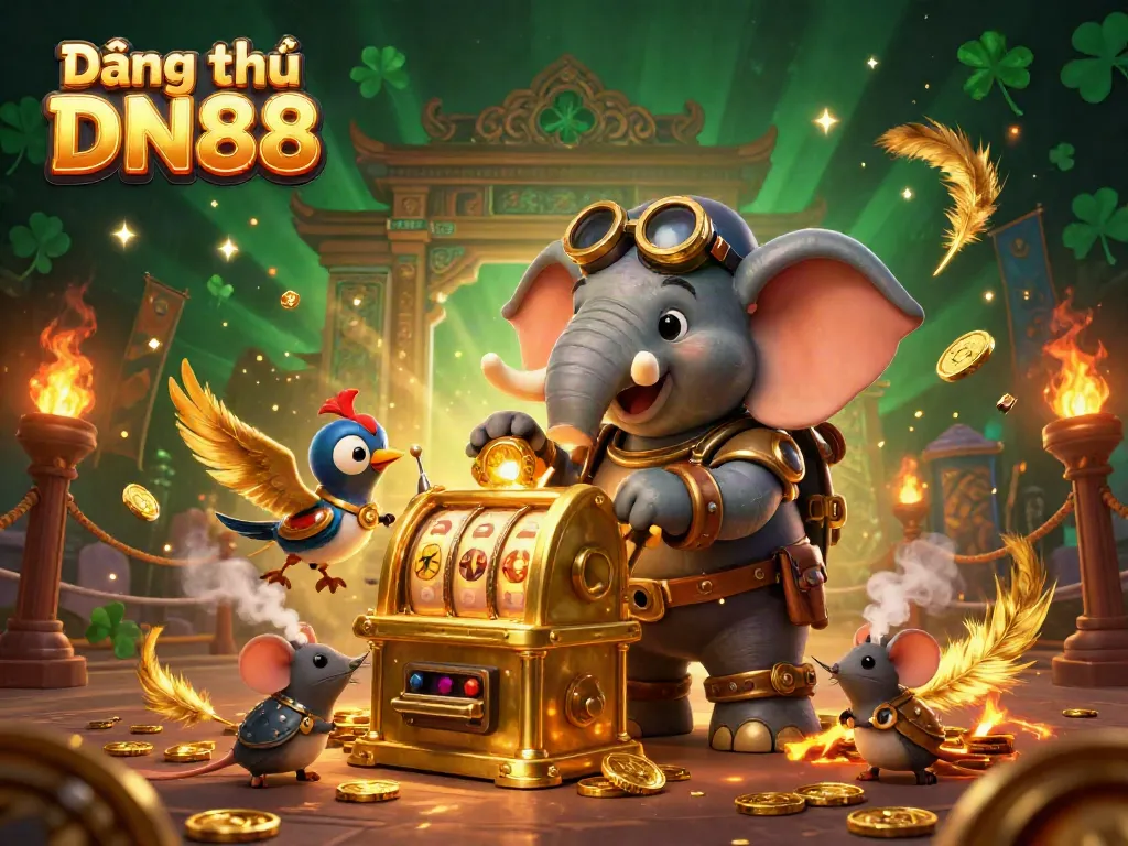 Engage in the thrilling world of Đăng ký DN88 with a 3D illustration depicting an elephant engineer joyfully operating a golden slot machine, emphasized by casino-themed elements.