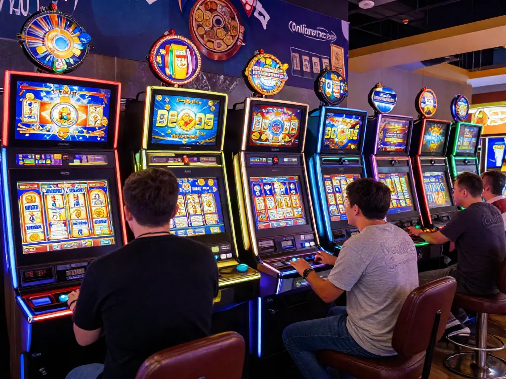 Excited players at a vibrant slot machine arcade with colorful machines lit up